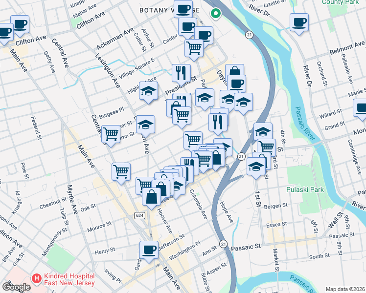 map of restaurants, bars, coffee shops, grocery stores, and more near 167 Hope Avenue in Passaic