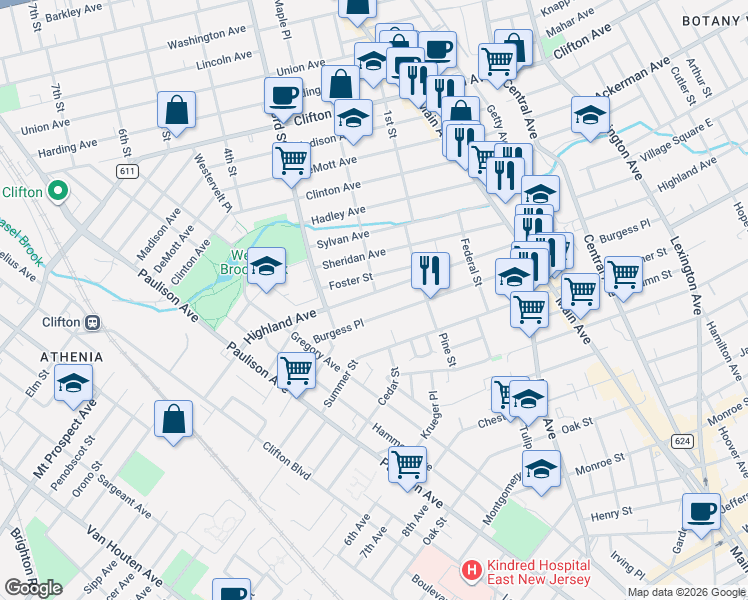 map of restaurants, bars, coffee shops, grocery stores, and more near 41 Foster Street in Clifton