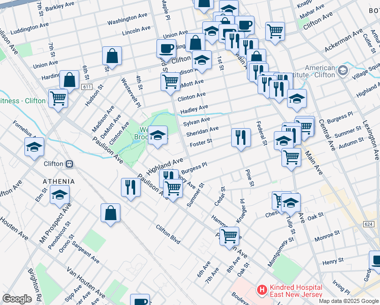 map of restaurants, bars, coffee shops, grocery stores, and more near 38 3rd Street in Clifton