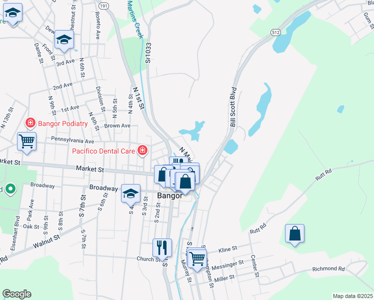 map of restaurants, bars, coffee shops, grocery stores, and more near 111 North Main Street in Bangor