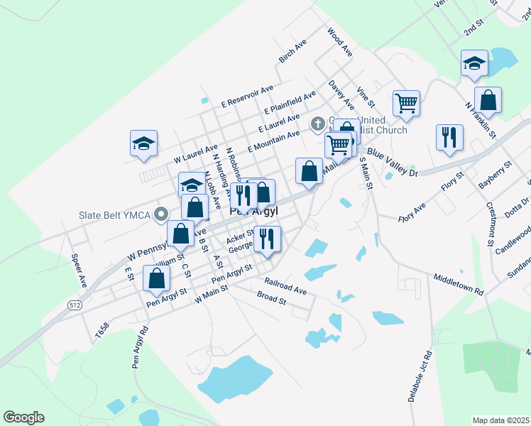 map of restaurants, bars, coffee shops, grocery stores, and more near 104 East Pennsylvania Avenue in Pen Argyl