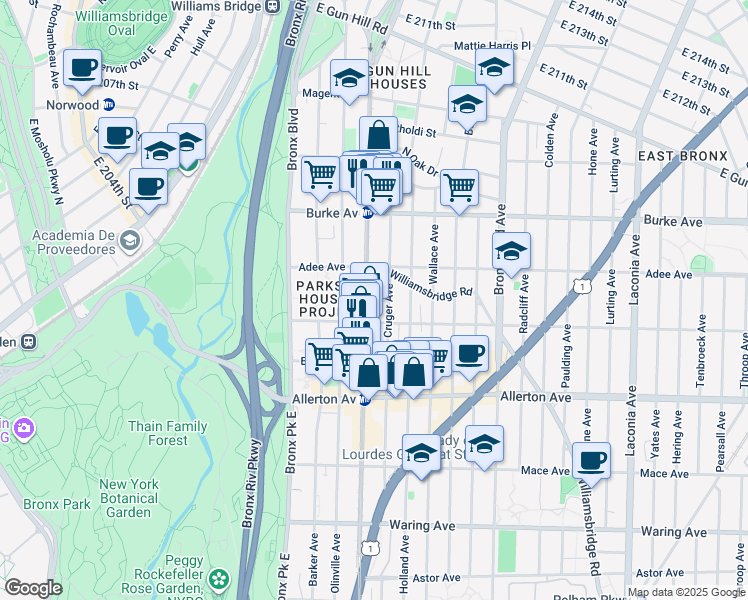 map of restaurants, bars, coffee shops, grocery stores, and more near 2959 White Plains Road in The Bronx
