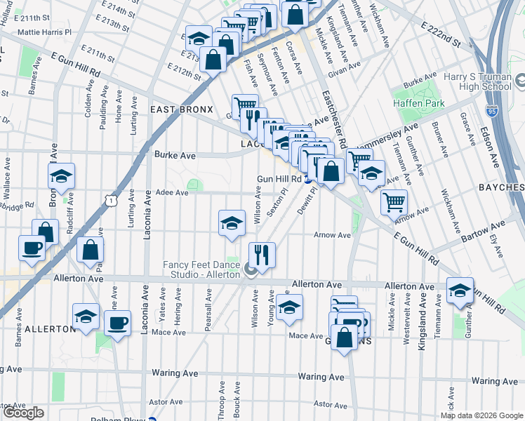 map of restaurants, bars, coffee shops, grocery stores, and more near in The Bronx