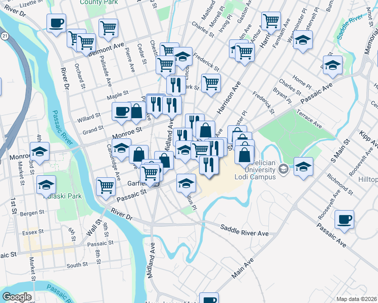map of restaurants, bars, coffee shops, grocery stores, and more near 49 Harrison Avenue in Garfield