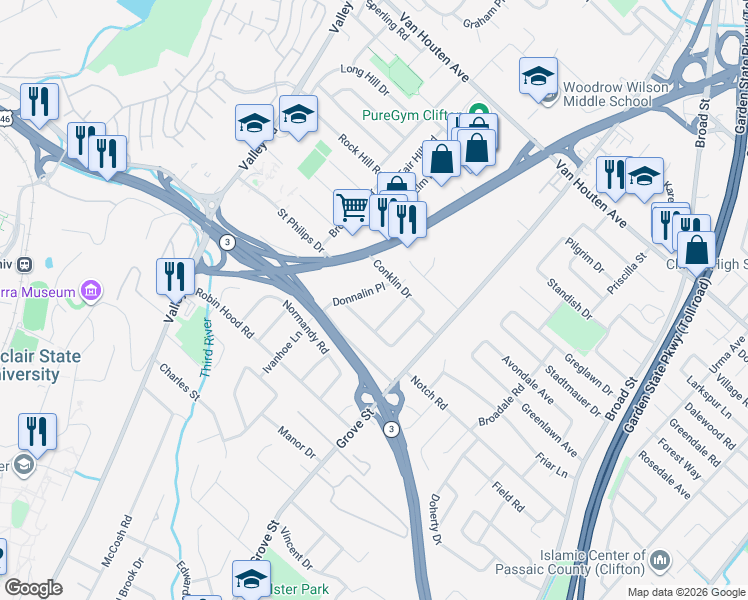 map of restaurants, bars, coffee shops, grocery stores, and more near 20 Donnalin Place in Clifton