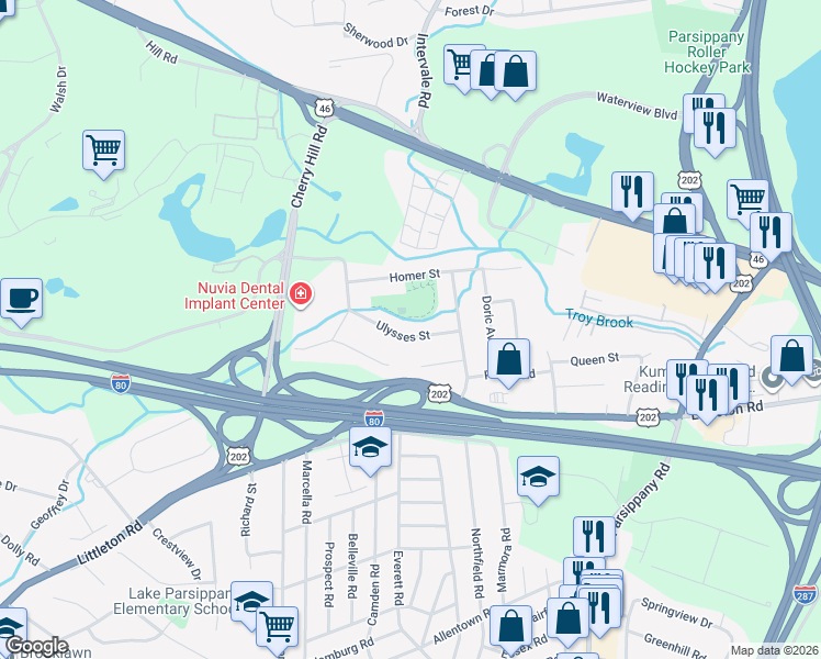 map of restaurants, bars, coffee shops, grocery stores, and more near 15 Ulysses Street in Parsippany-Troy Hills
