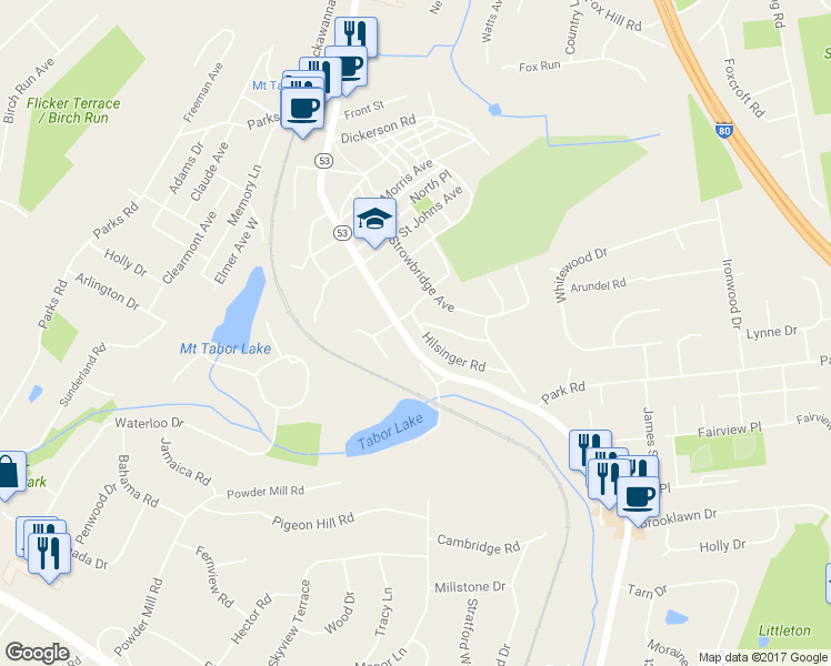 map of restaurants, bars, coffee shops, grocery stores, and more near 2 Country Club Road in Parsippany-Troy Hills