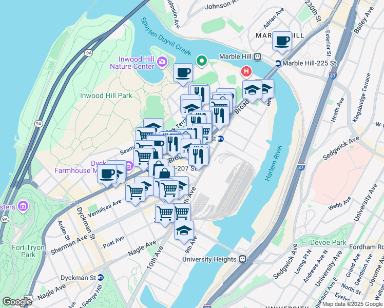map of restaurants, bars, coffee shops, grocery stores, and more near 5008 Broadway in New York