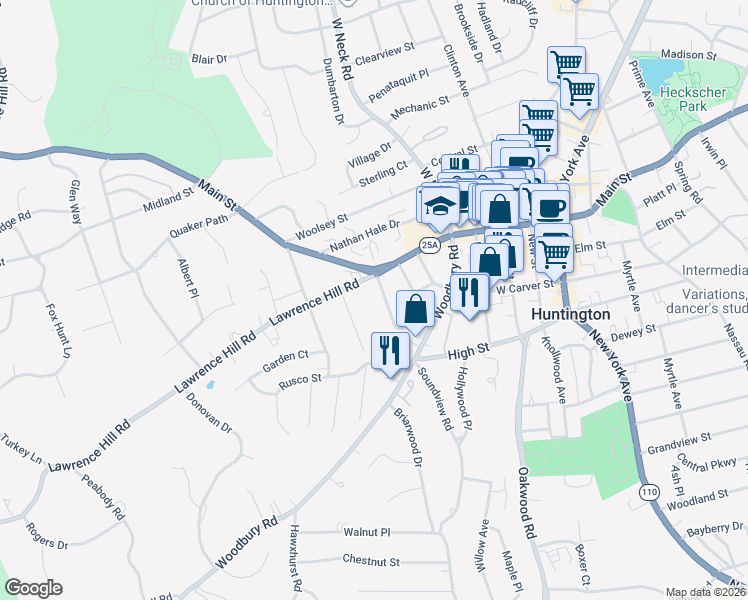 map of restaurants, bars, coffee shops, grocery stores, and more near 2 Lawrence Hill Road in Huntington