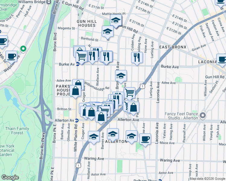 map of restaurants, bars, coffee shops, grocery stores, and more near in The Bronx