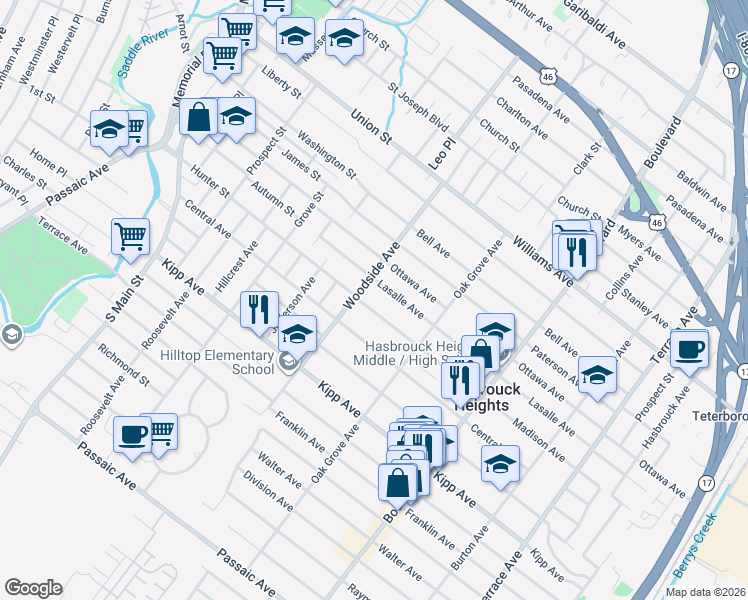 map of restaurants, bars, coffee shops, grocery stores, and more near 72 Lasalle Avenue in Hasbrouck Heights