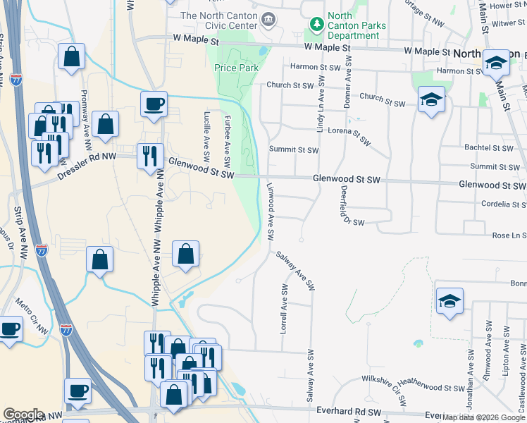 map of restaurants, bars, coffee shops, grocery stores, and more near 1017 Linwood Avenue Southwest in North Canton
