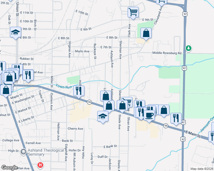 map of restaurants, bars, coffee shops, grocery stores, and more near 222 Ashland Avenue in Ashland