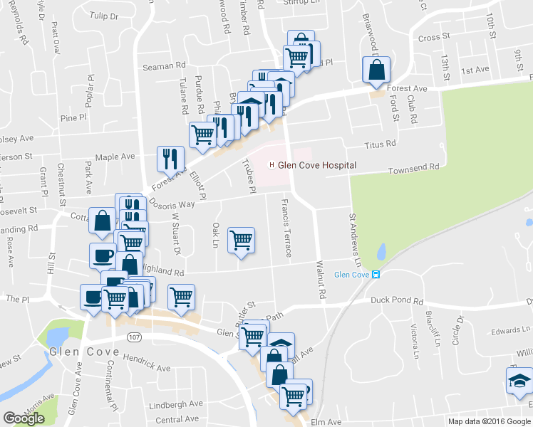 map of restaurants, bars, coffee shops, grocery stores, and more near 65 Franklin Avenue in Glen Cove