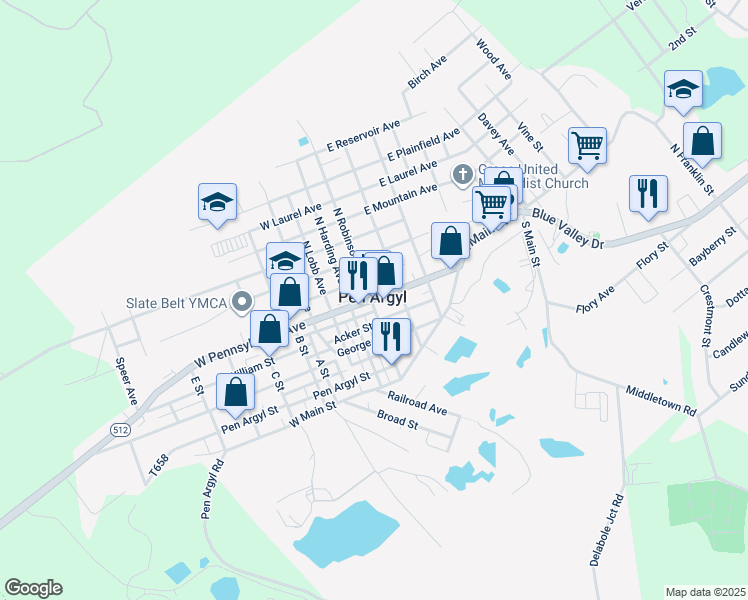 map of restaurants, bars, coffee shops, grocery stores, and more near 4 East Pennsylvania Avenue in Pen Argyl