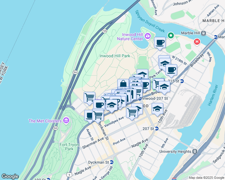 map of restaurants, bars, coffee shops, grocery stores, and more near 139 Payson Avenue in New York
