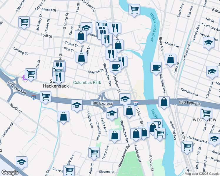 map of restaurants, bars, coffee shops, grocery stores, and more near 301 Washington Avenue in Hackensack