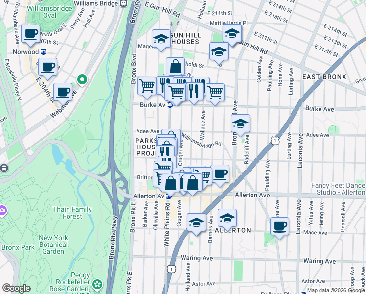 map of restaurants, bars, coffee shops, grocery stores, and more near 2920 Cruger Avenue in Bronx