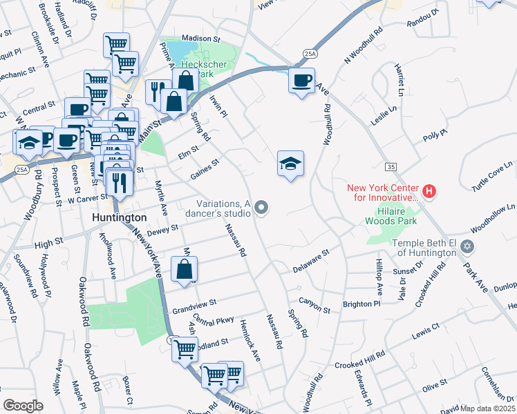 map of restaurants, bars, coffee shops, grocery stores, and more near 162 Spring Road in Huntington