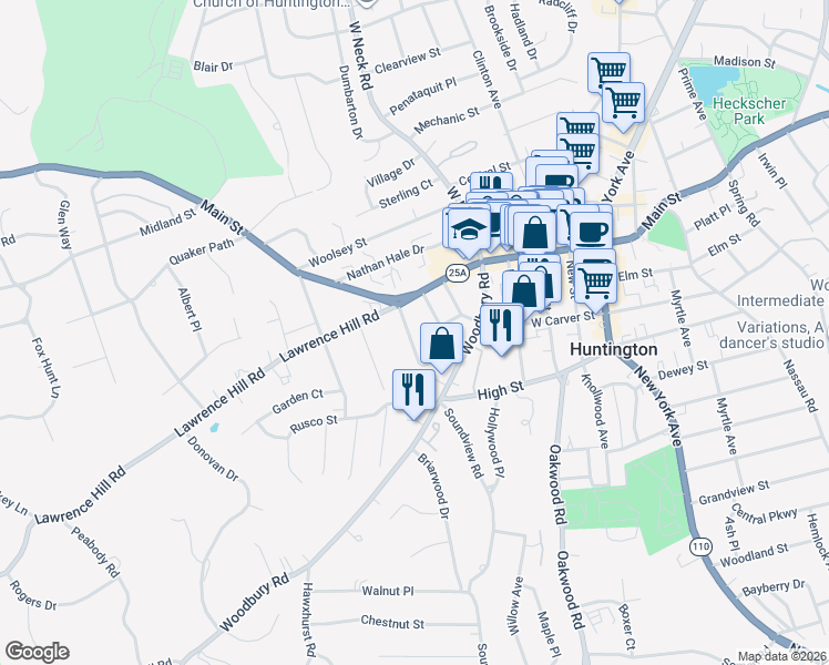 map of restaurants, bars, coffee shops, grocery stores, and more near 24 Hillside Avenue in Huntington