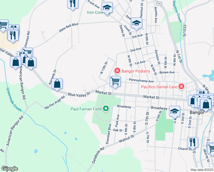 map of restaurants, bars, coffee shops, grocery stores, and more near 1090 Upper Pennsylvania Avenue in Bangor