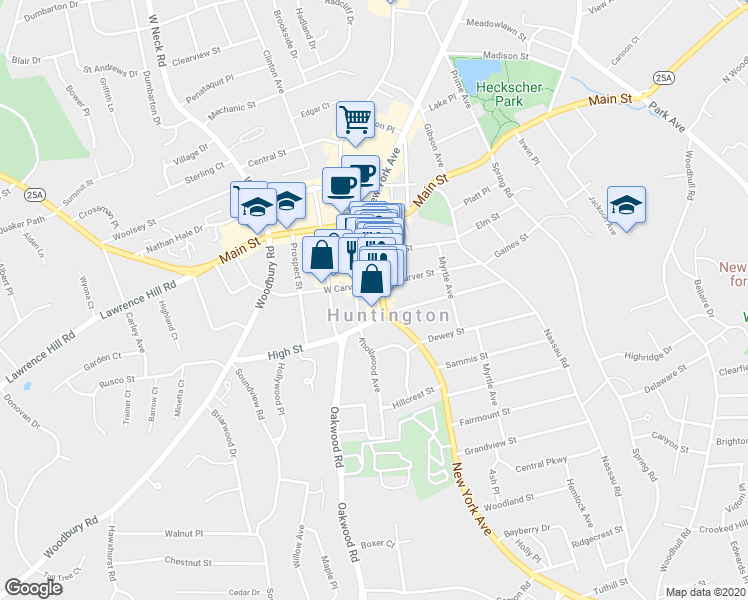 map of restaurants, bars, coffee shops, grocery stores, and more near 8 West Carver Street in Huntington