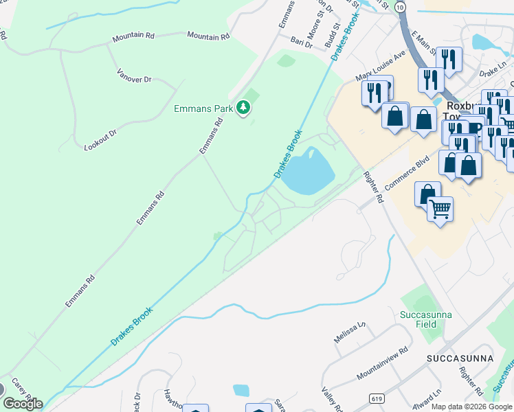 map of restaurants, bars, coffee shops, grocery stores, and more near 64 Pasture Court in Roxbury Township