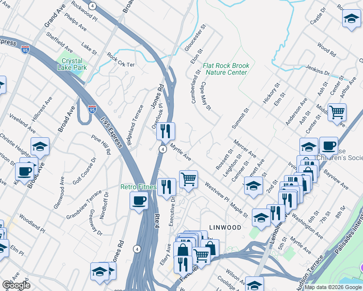 map of restaurants, bars, coffee shops, grocery stores, and more near 1 Old Quarry Road in Englewood
