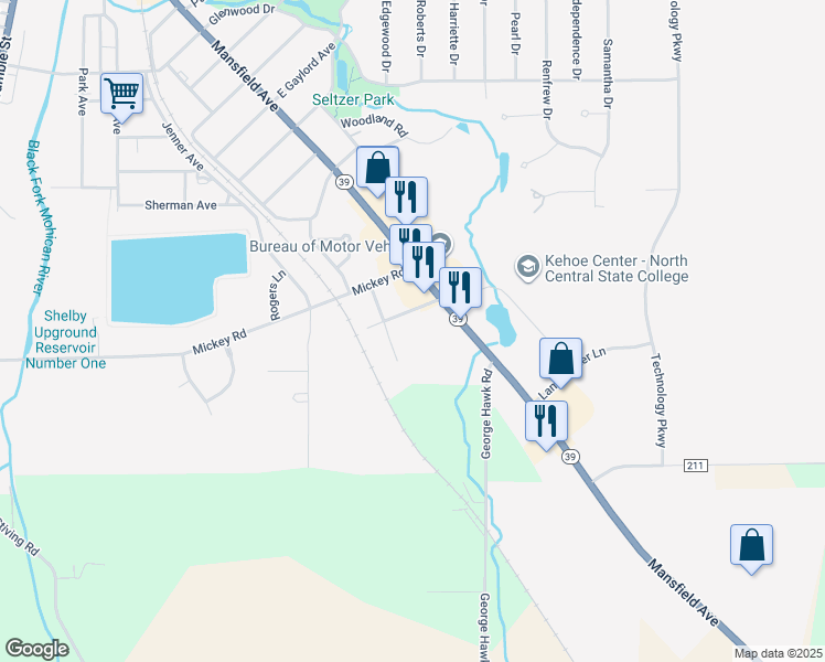 map of restaurants, bars, coffee shops, grocery stores, and more near 18 Seneca Drive in Shelby