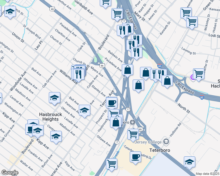 map of restaurants, bars, coffee shops, grocery stores, and more near 496 Burton Avenue in Hasbrouck Heights