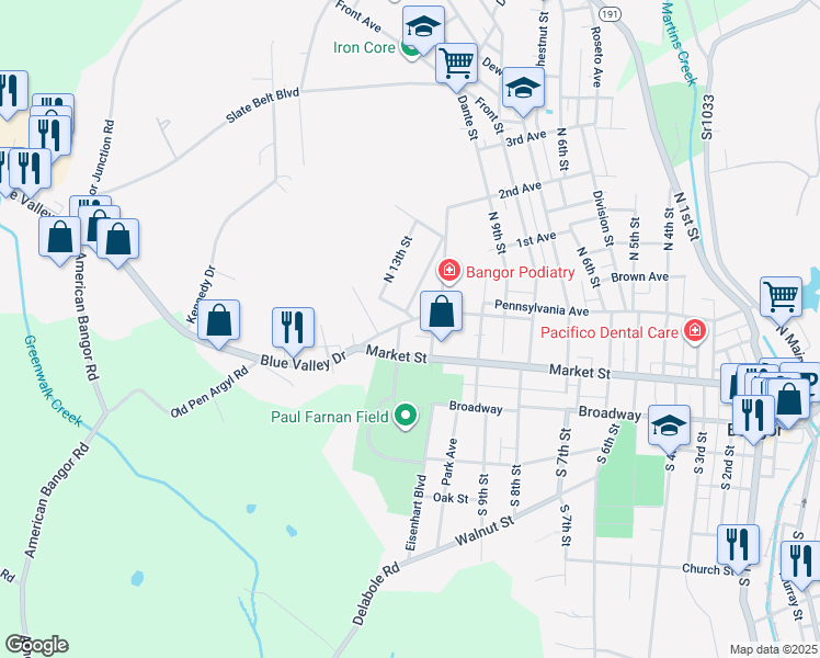 map of restaurants, bars, coffee shops, grocery stores, and more near 1090 Upper Pennsylvania Avenue in Bangor