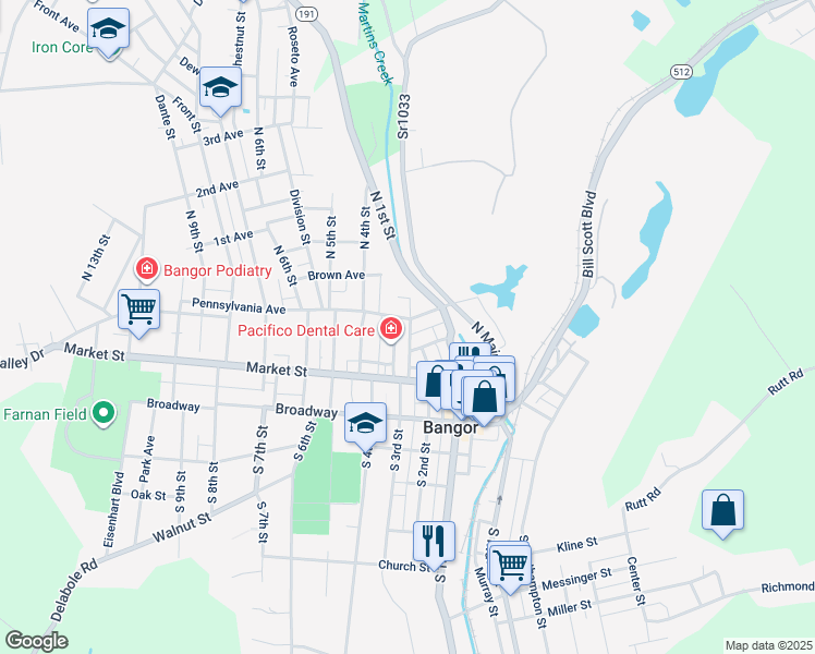 map of restaurants, bars, coffee shops, grocery stores, and more near 143 North 5th Street in Bangor