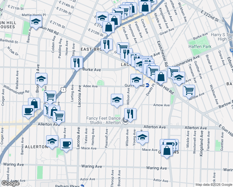 map of restaurants, bars, coffee shops, grocery stores, and more near 1244 Adee Avenue in Bronx