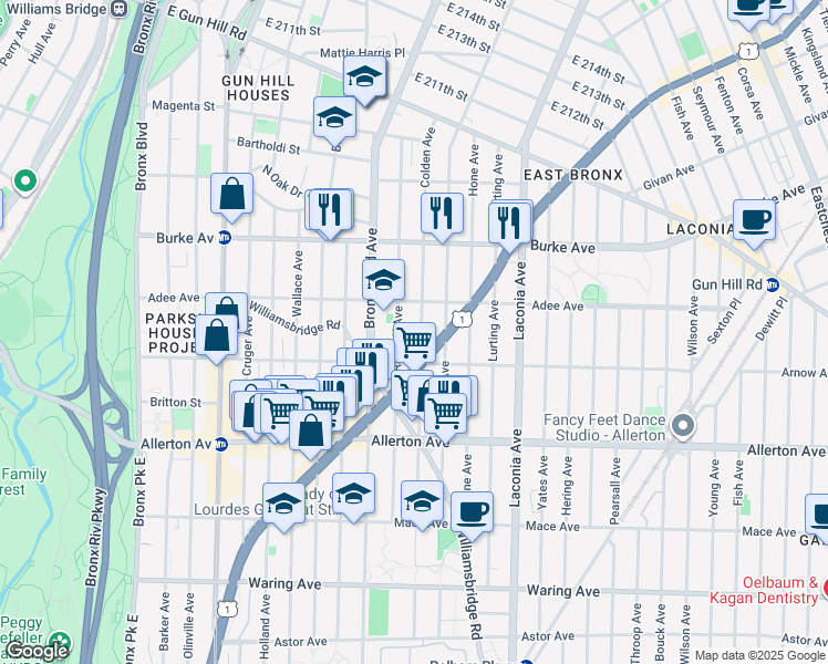 map of restaurants, bars, coffee shops, grocery stores, and more near 2948 Radcliff Avenue in Bronx