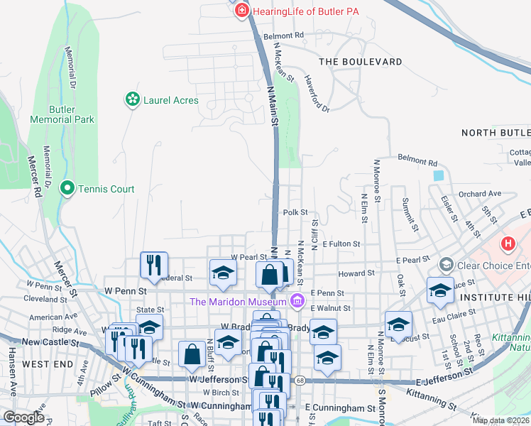 map of restaurants, bars, coffee shops, grocery stores, and more near 550 North Main Street in Butler