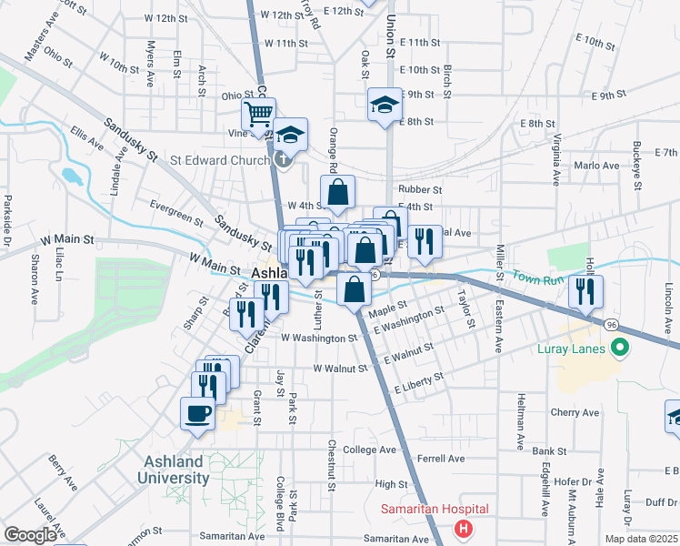 map of restaurants, bars, coffee shops, grocery stores, and more near 10 West Main Street in Ashland