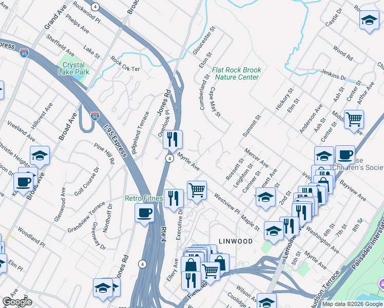 map of restaurants, bars, coffee shops, grocery stores, and more near 1 Old Quarry Road in Englewood