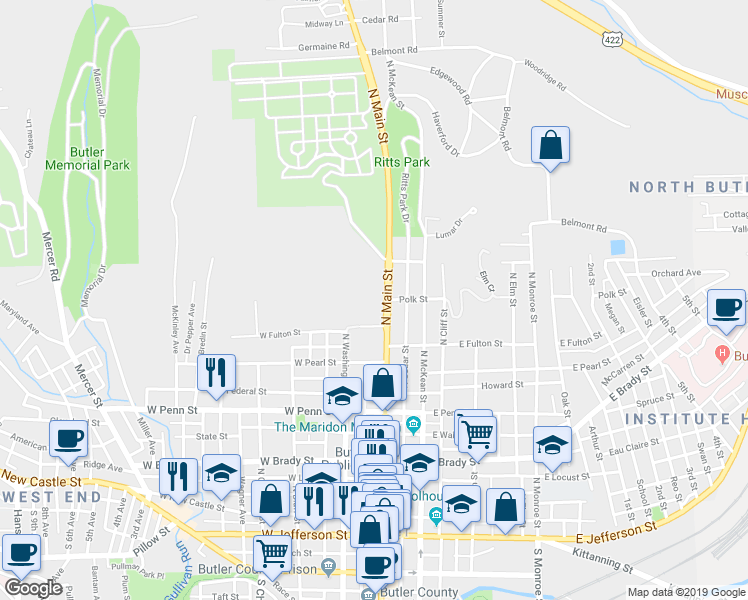 map of restaurants, bars, coffee shops, grocery stores, and more near 550 North Main Street in Butler