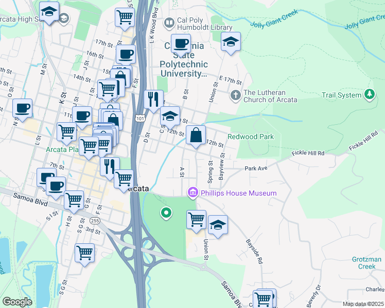 map of restaurants, bars, coffee shops, grocery stores, and more near 21 11th Street in Arcata