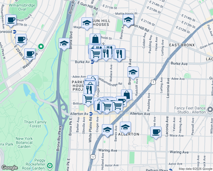 map of restaurants, bars, coffee shops, grocery stores, and more near 3020 Williamsbridge Road in The Bronx