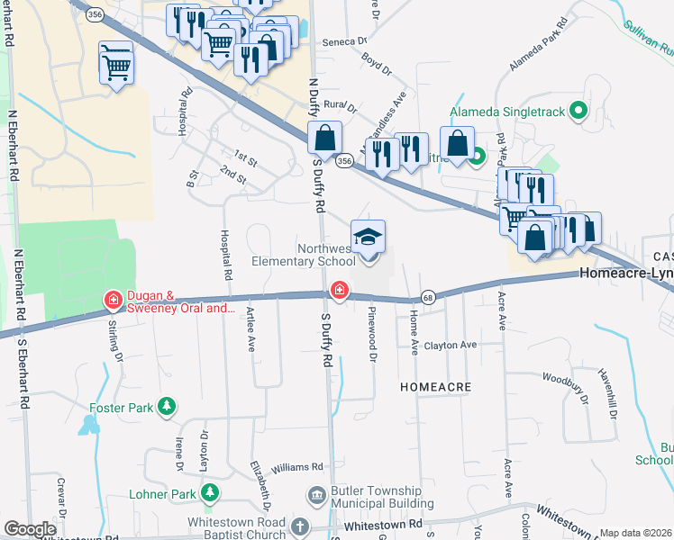 map of restaurants, bars, coffee shops, grocery stores, and more near 137 South Duffy Road in Butler