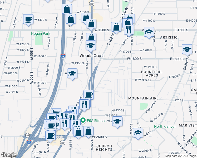 map of restaurants, bars, coffee shops, grocery stores, and more near 2030 South Main Street in Bountiful