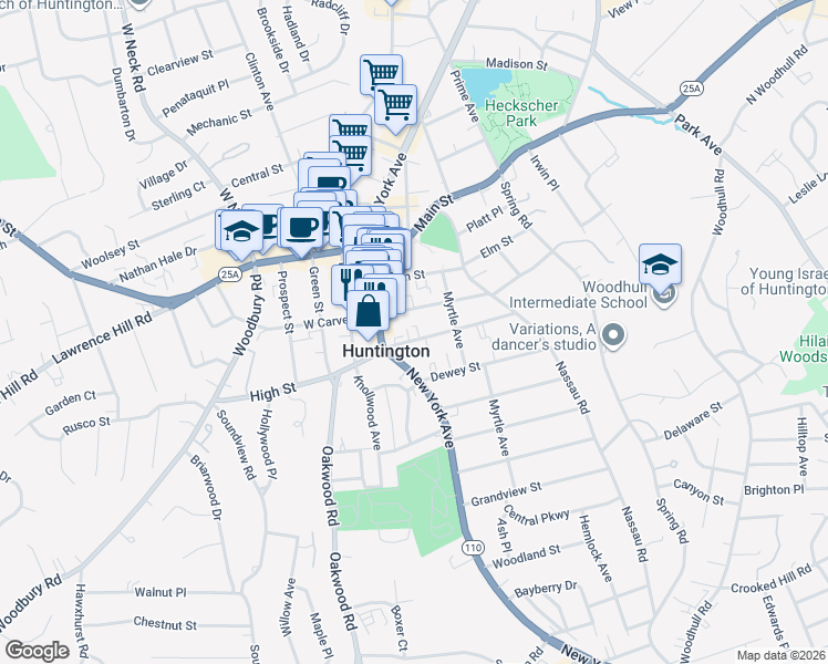 map of restaurants, bars, coffee shops, grocery stores, and more near 8 East Carver Street in Huntington