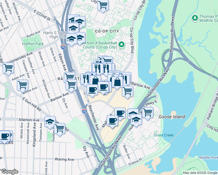 map of restaurants, bars, coffee shops, grocery stores, and more near 2050 Bartow Avenue in Bronx