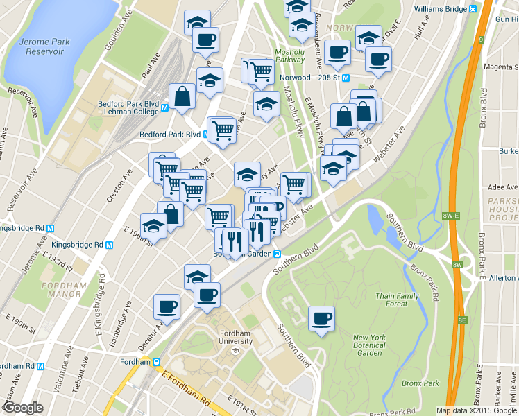 map of restaurants, bars, coffee shops, grocery stores, and more near 2960 Marion Avenue in Bronx