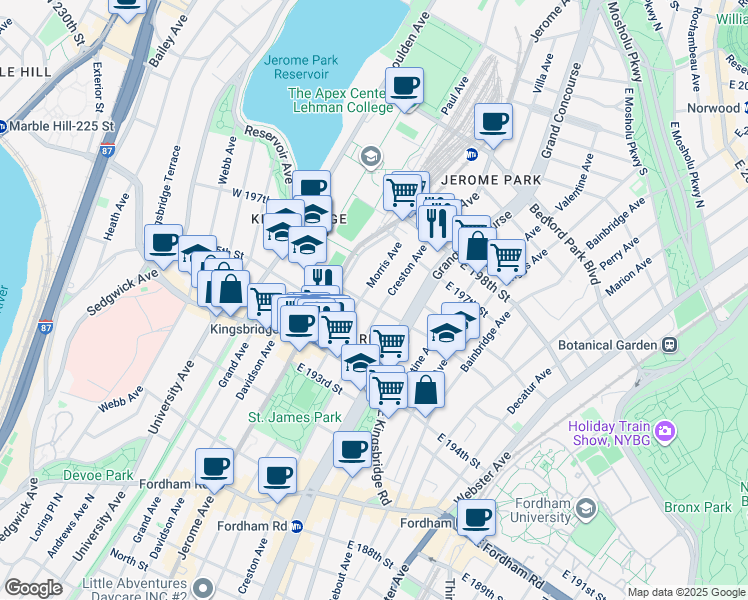 map of restaurants, bars, coffee shops, grocery stores, and more near 2758 Morris Avenue in Bronx