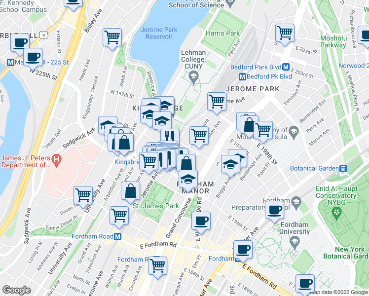 map of restaurants, bars, coffee shops, grocery stores, and more near Jerome Avenue in Bronx