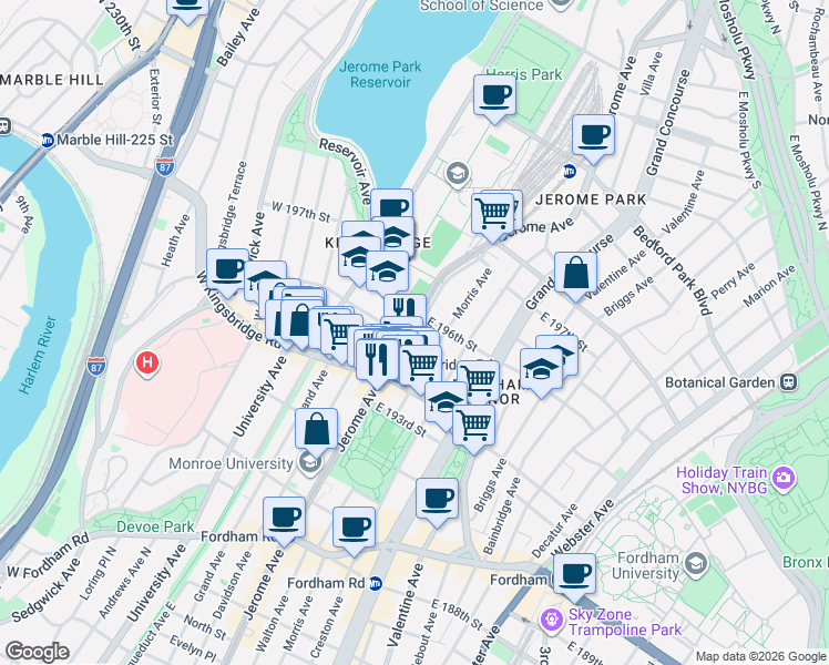 map of restaurants, bars, coffee shops, grocery stores, and more near in The Bronx