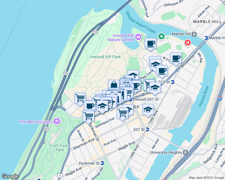 map of restaurants, bars, coffee shops, grocery stores, and more near 151 Payson Avenue in New York