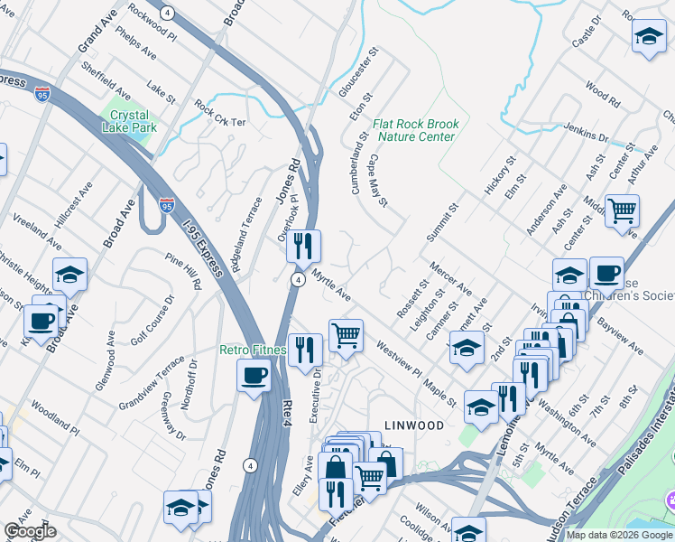 map of restaurants, bars, coffee shops, grocery stores, and more near 1 Old Quarry Road in Englewood